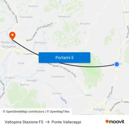 Valtopina Stazione FS to Ponte Valleceppi map