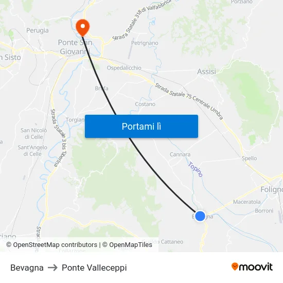 Bevagna to Ponte Valleceppi map