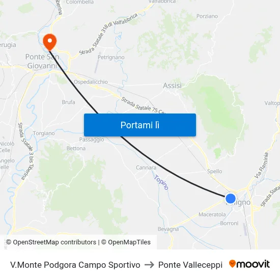 V.Monte Podgora Campo Sportivo to Ponte Valleceppi map