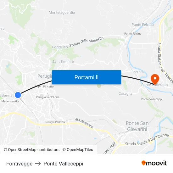Fontivegge to Ponte Valleceppi map