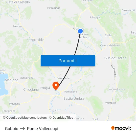 Gubbio to Ponte Valleceppi map