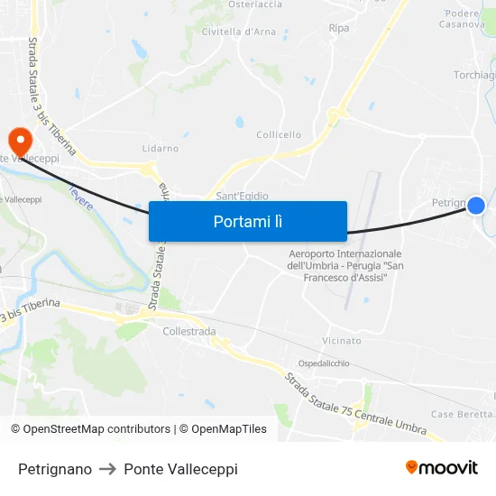 Petrignano to Ponte Valleceppi map