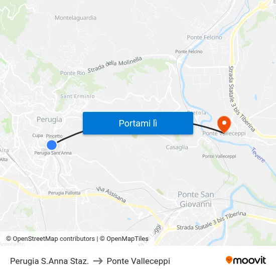 Perugia S.Anna Staz. to Ponte Valleceppi map