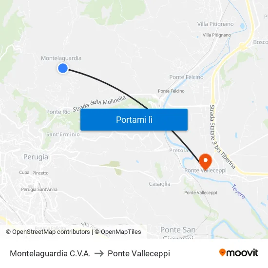 Montelaguardia C.V.A. to Ponte Valleceppi map