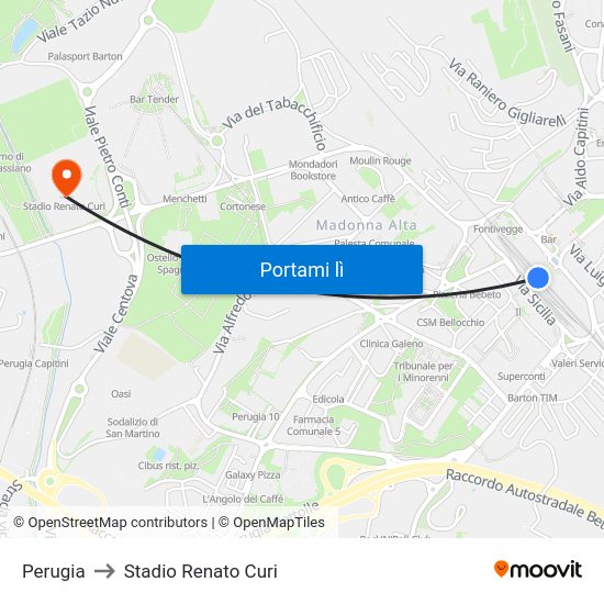 Perugia to Stadio Renato Curi map