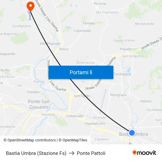 Bastia Umbra (Stazione Fs) to Ponte Pattoli map