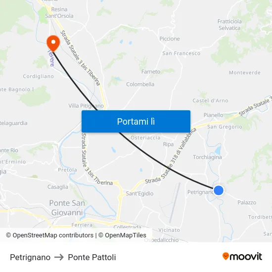 Petrignano to Ponte Pattoli map