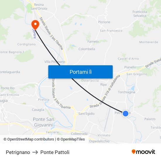 Petrignano to Ponte Pattoli map
