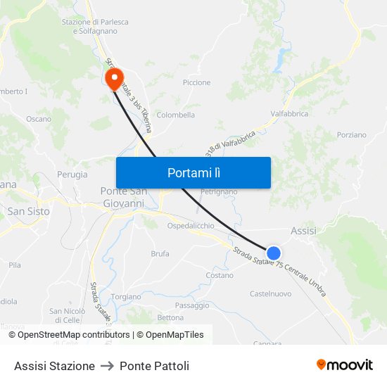 Assisi Stazione to Ponte Pattoli map