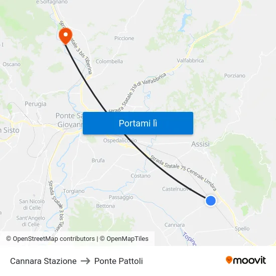 Cannara Stazione to Ponte Pattoli map