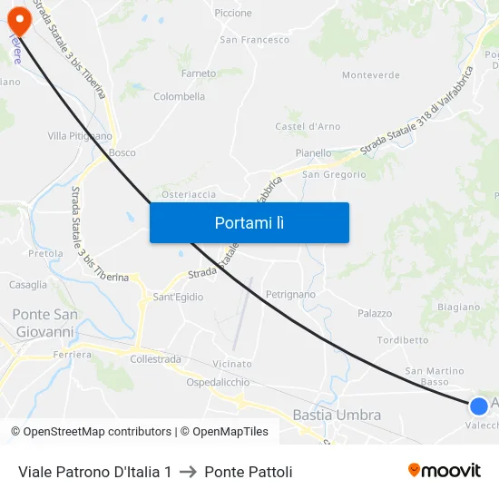 Viale Patrono D'Italia 1 to Ponte Pattoli map