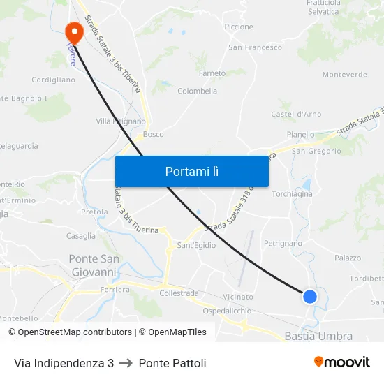 Via Indipendenza 3 to Ponte Pattoli map
