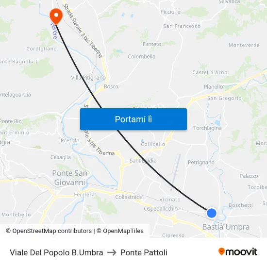 Viale Del Popolo B.Umbra to Ponte Pattoli map