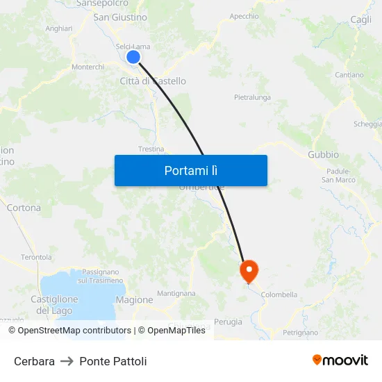 Cerbara to Ponte Pattoli map