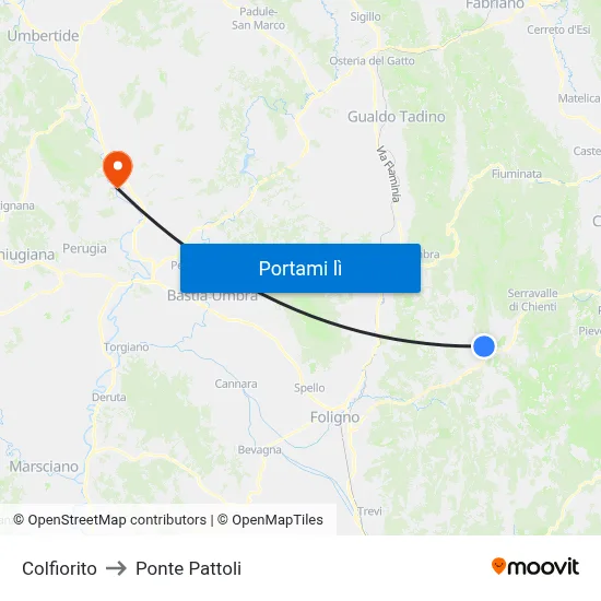 Colfiorito to Ponte Pattoli map