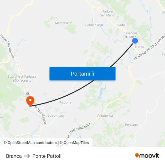 Branca to Ponte Pattoli map