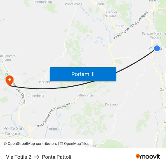 Via Totila 2 to Ponte Pattoli map