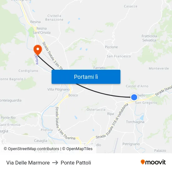 Via Delle Marmore to Ponte Pattoli map