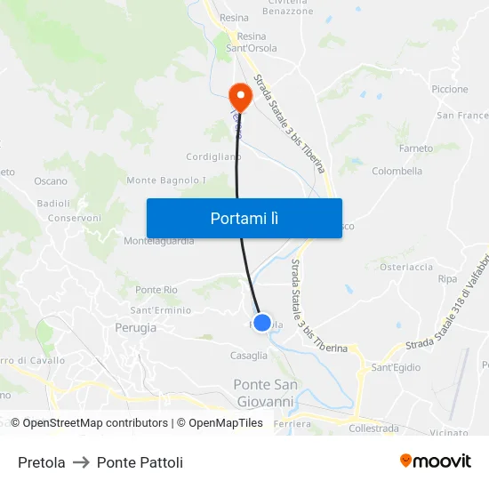 Pretola to Ponte Pattoli map