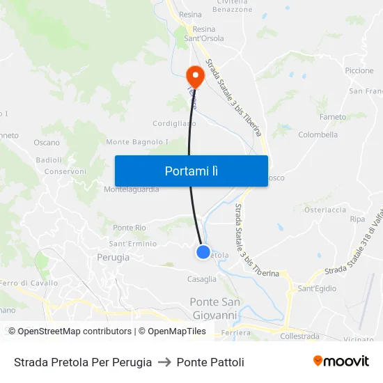 Strada Pretola Per Perugia to Ponte Pattoli map