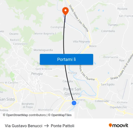 Via Gustavo Benucci to Ponte Pattoli map