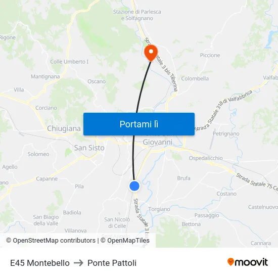 E45 Montebello to Ponte Pattoli map