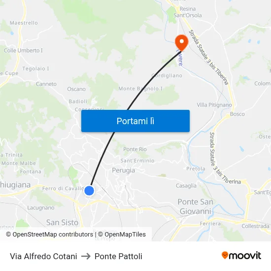 Via Alfredo Cotani to Ponte Pattoli map