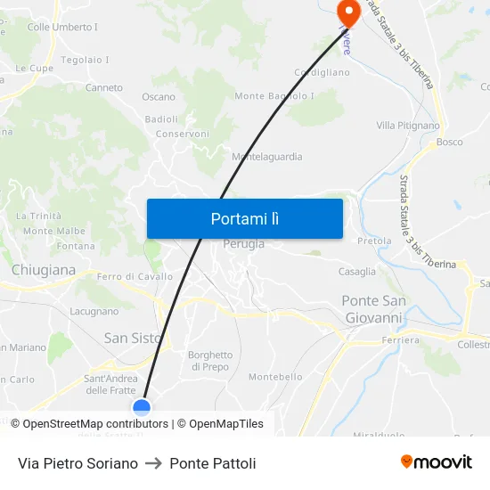 Via Pietro Soriano to Ponte Pattoli map