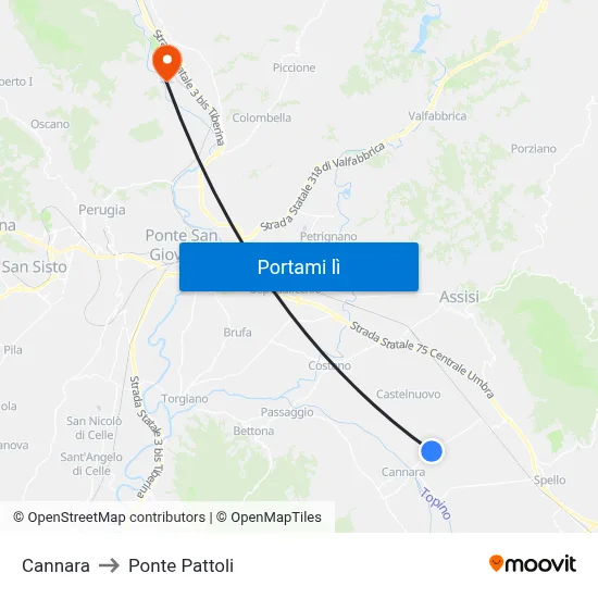 Cannara to Ponte Pattoli map