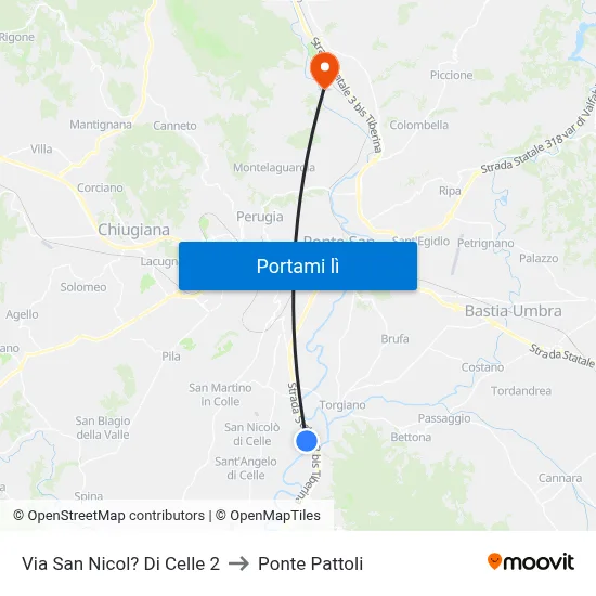 Via San Nicol? Di Celle 2 to Ponte Pattoli map