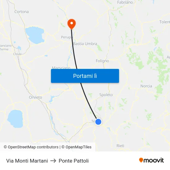 Via Monti Martani to Ponte Pattoli map