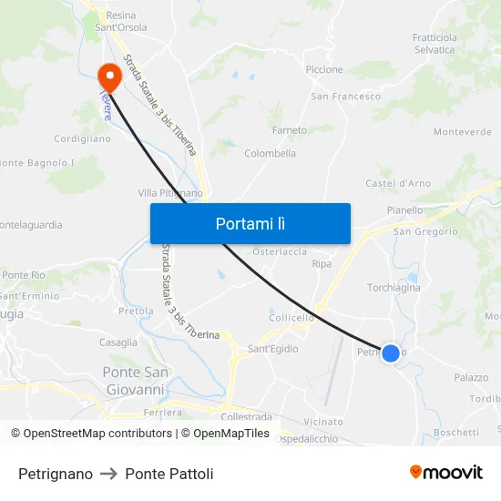 Petrignano to Ponte Pattoli map