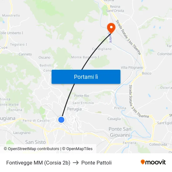 Fontivegge M​M (Corsia 2b) to Ponte Pattoli map