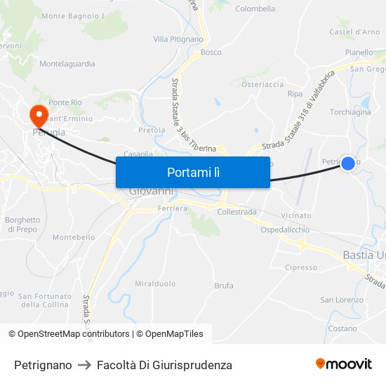 Petrignano to Facoltà Di Giurisprudenza map