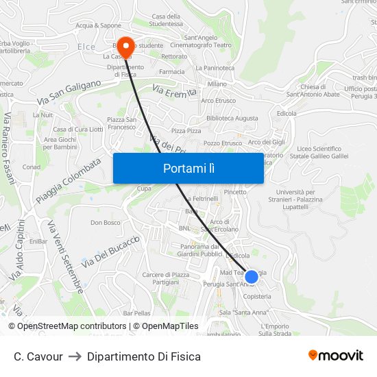 C. Cavour to Dipartimento Di Fisica map