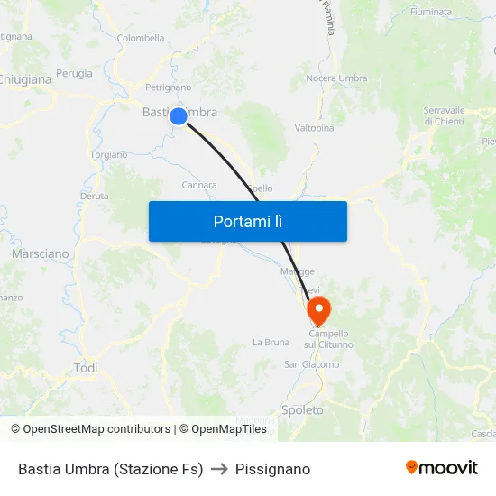 Bastia Umbra (Stazione Fs) to Pissignano map