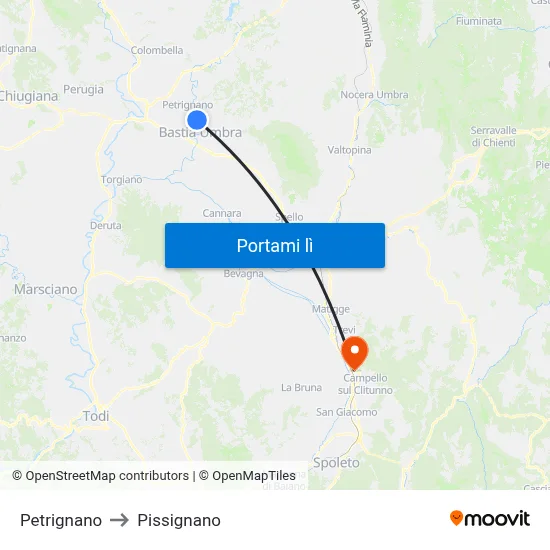 Petrignano to Pissignano map