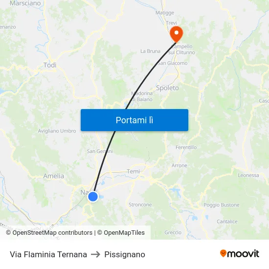 Via Flaminia Ternana to Pissignano map