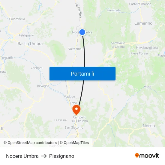 Nocera Umbra to Pissignano map