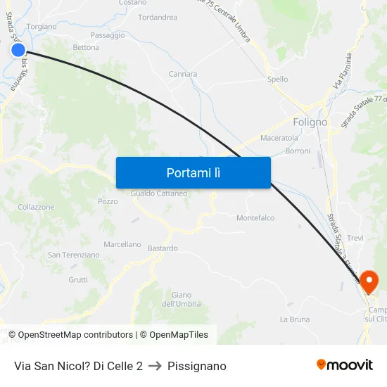 Via San Nicol? Di Celle 2 to Pissignano map