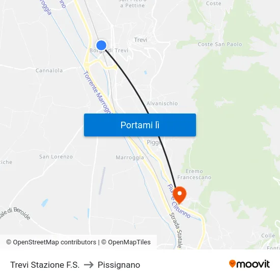 Trevi Stazione F.S. to Pissignano map