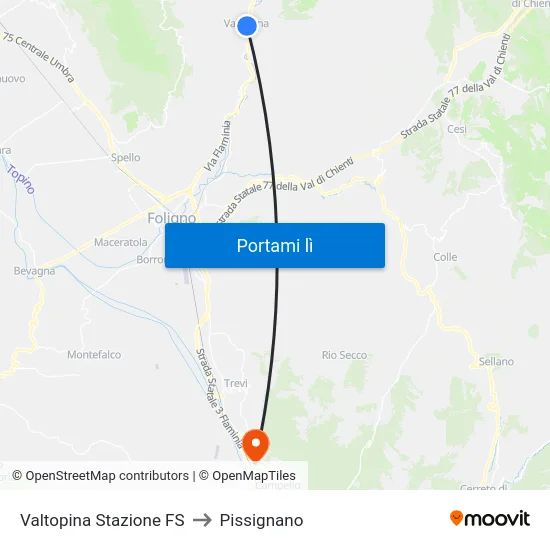 Valtopina Stazione FS to Pissignano map