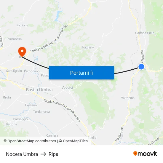 Nocera Umbra to Ripa map