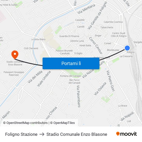 Foligno Stazione to Stadio Comunale Enzo Blasone map