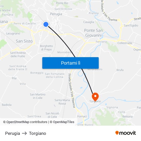 Perugia to Torgiano map