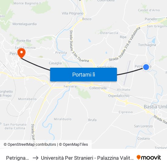 Petrignano to Università Per Stranieri - Palazzina Valitutti map