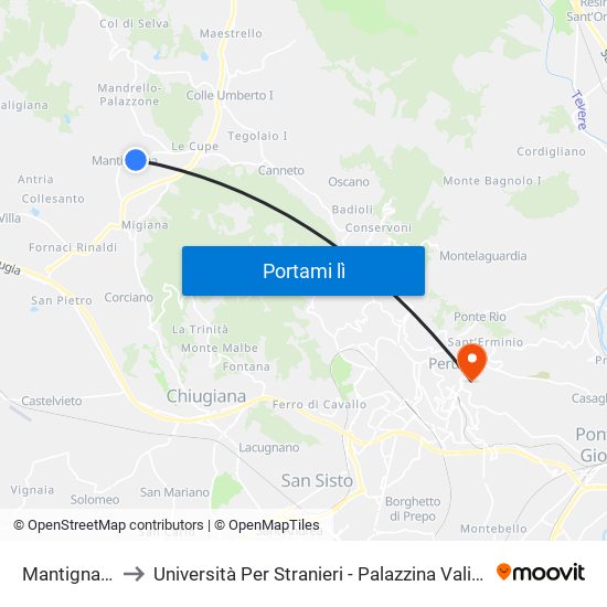 Mantignana to Università Per Stranieri - Palazzina Valitutti map