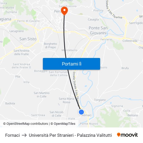 Fornaci to Università Per Stranieri - Palazzina Valitutti map