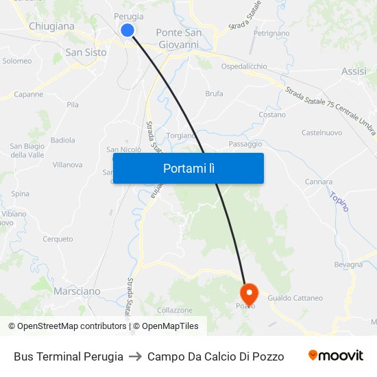 Bus Terminal Perugia to Campo Da Calcio Di Pozzo map