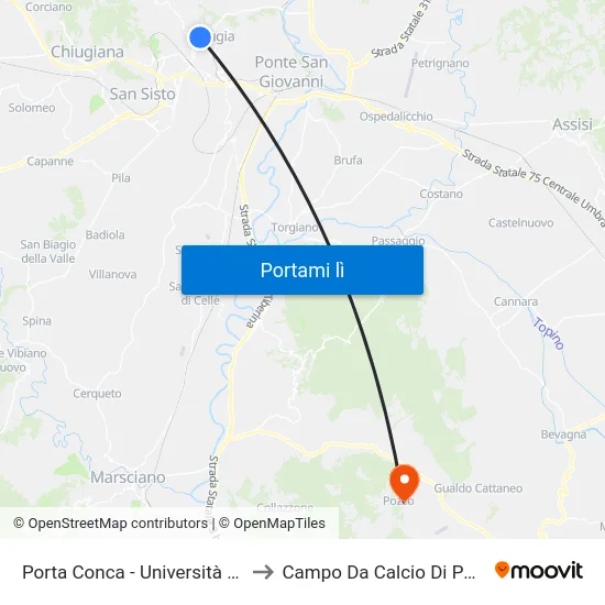 Porta Conca - Università (Pg) to Campo Da Calcio Di Pozzo map
